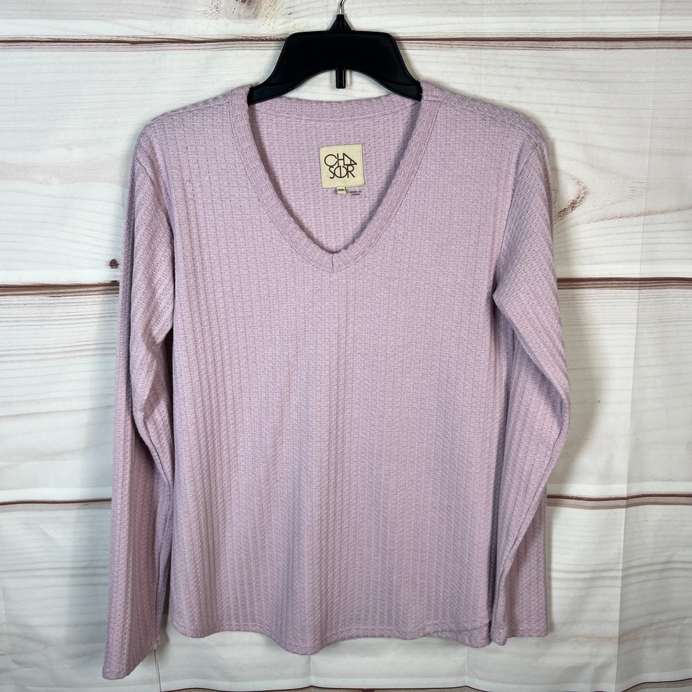 Chasor Top Women XS Purple Waffle Knit T-Shirt Long Sleeve V-Neck Solid Pullover